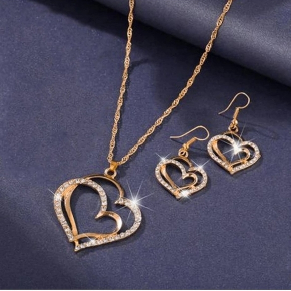 3 Piece Cubic Zirconia Gold Heart Necklace & Earring Set - Picture 4 of 4
